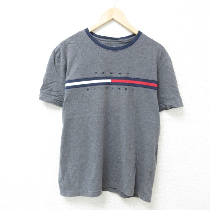 L/古着 トミーヒルフィガー TOMMY HILFIGER 半袖 ブランド Tシャツ メンズ ビッグロゴ コットン クルーネック 濃グレー 霜降り 23aug23_画像1