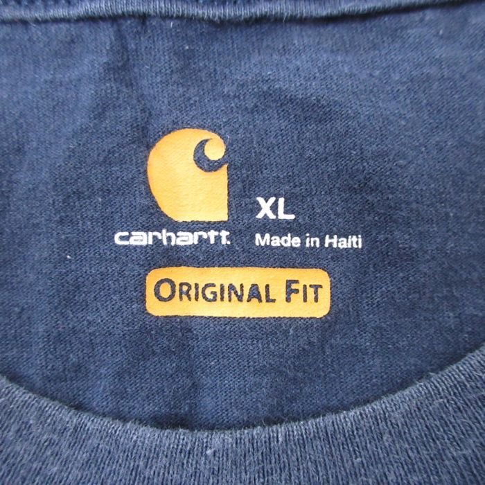 XL/古着 カーハート Carhartt 半袖 ブランド Tシャツ メンズ ワンポイントロゴ 胸ポケット付き 大きいサイズ コットン クルーネック 紺_画像3