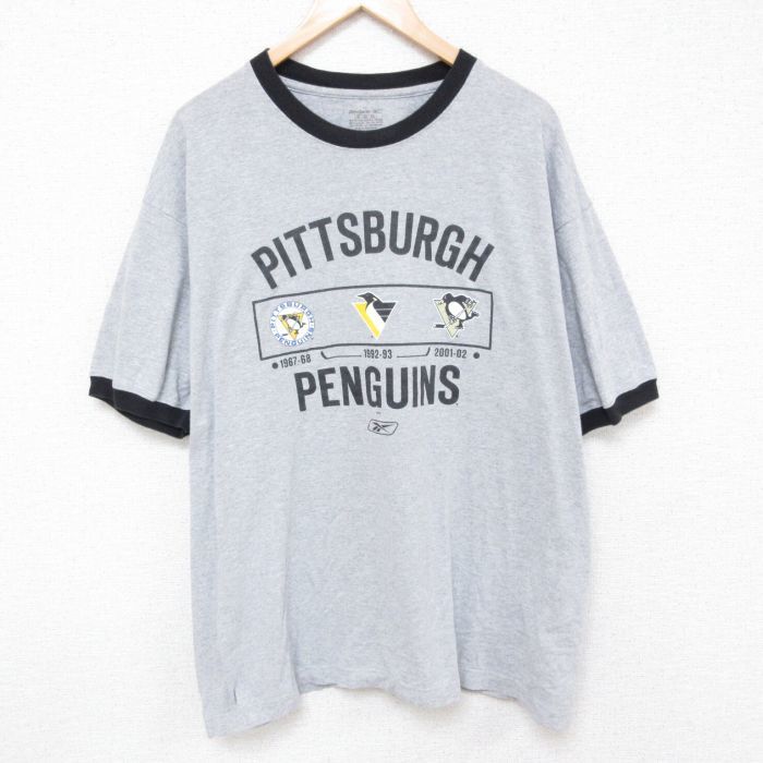 XL/古着 リーボック REEBOK 半袖 ブランド Tシャツ メンズ NHL ピッツバーグペンギンズ 大きいサイズ クルーネック グレー リンガー 霜_画像1