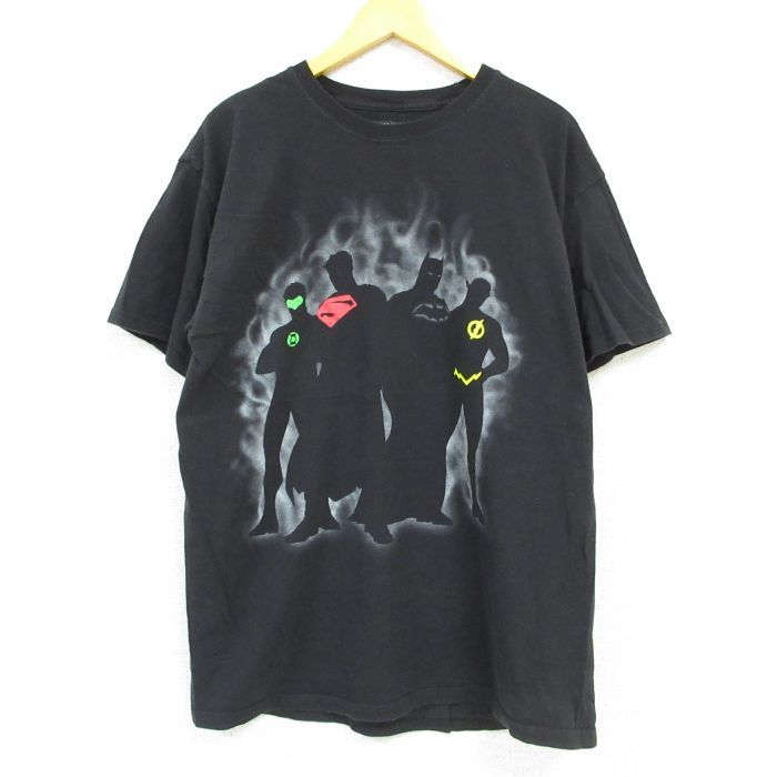 L/古着 半袖 Tシャツ メンズ DCコミックス ジャスティスリーグ スーパーマン バットマン BATMAN コットン クルーネック 黒 ブラック 23_画像1