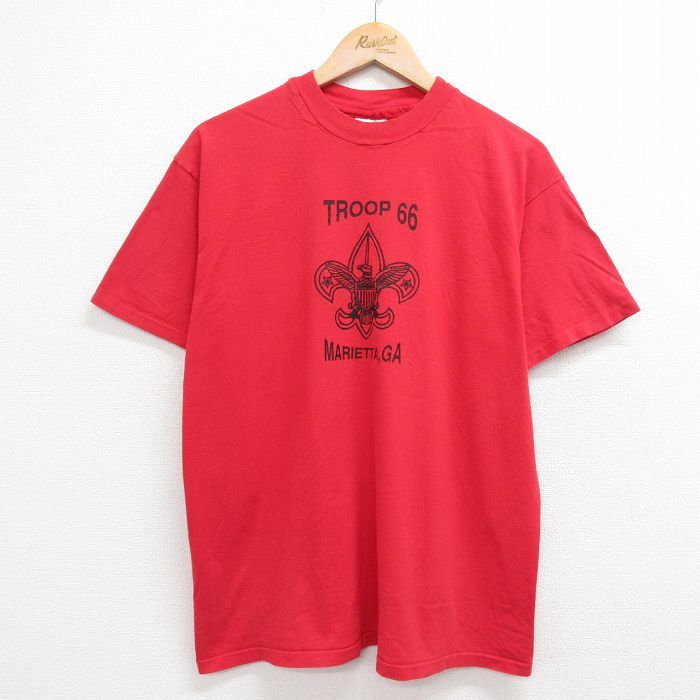 L/古着 ヘインズ 半袖 ビンテージ Tシャツ メンズ 80s TROOP66 ユリの紋章 コットン クルーネック 赤 レッド 23jul13 中古_画像1