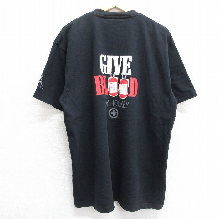 XL/古着 半袖 ビンテージ Tシャツ メンズ 00s GIVE BLOOD ホッケー レイクプラシッド ロング丈 大きいサイズ コットン クルーネック 黒_画像1