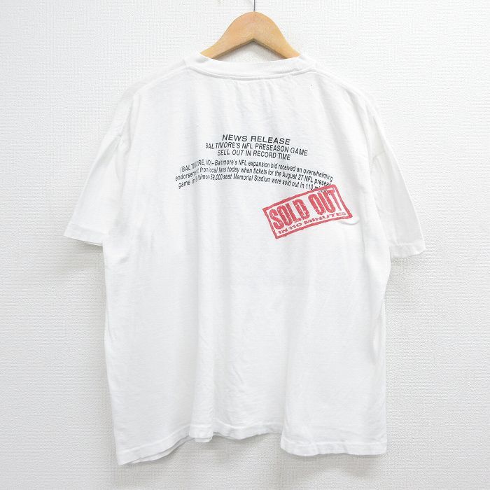 XL/古着 半袖 ビンテージ Tシャツ メンズ 90s NFL GIVE BALTIMORE THE BALL 大きいサイズ クルーネック 白 ホワイト アメフト スーパー_画像2