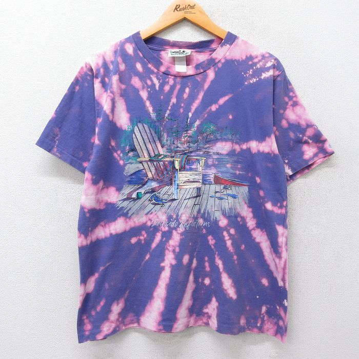 L/古着 半袖 ビンテージ Tシャツ メンズ 90s Dockside Reflections イス クルーネック 紫 パープル ブリーチ加工 23aug18 中古_画像1