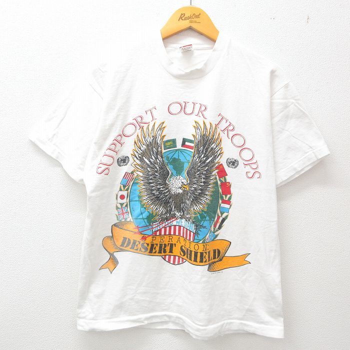 L/古着 半袖 ビンテージ Tシャツ メンズ 90s ミリタリー ワシ 国旗 砂漠の盾作戦 コットン クルーネック 白 ホワイト 23apr24 中古_画像1