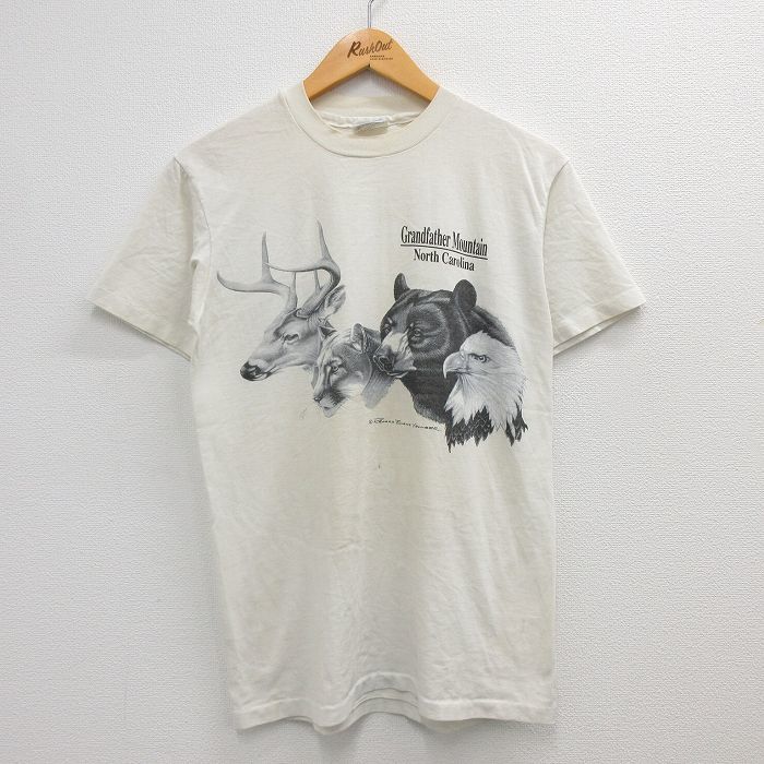 M/古着 ヘインズ 半袖 ビンテージ Tシャツ メンズ 80s シカ ワシ クマ クルーネック 白 ホワイト 23apr25 中古_画像1