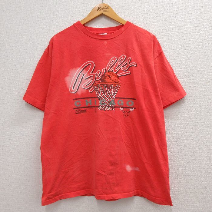 XL/古着 半袖 ビンテージ Tシャツ メンズ 90s NBA シカゴブルズ コットン クルーネック 濃ピンク系 バスケットボール 23mar16 中古_画像1