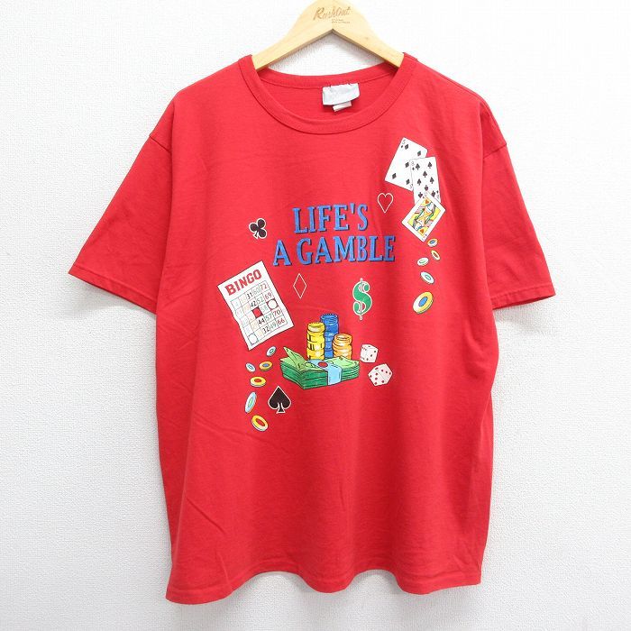 XL/古着 半袖 ビンテージ Tシャツ メンズ 90s LIFES トランプ サイコロ 大きいサイズ クルーネック 赤 レッド 23jul13 中古_画像1