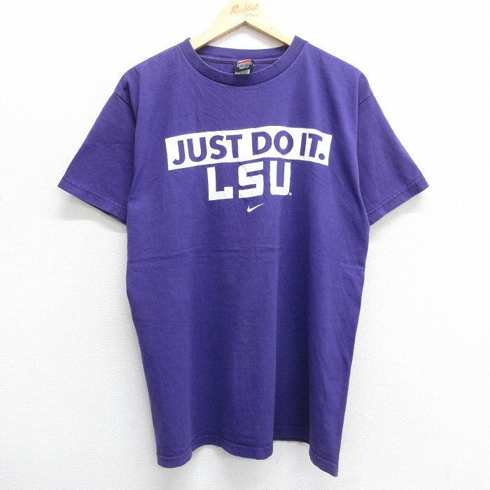 L/古着 ナイキ NIKE 半袖 ビンテージ Tシャツ メンズ 90s ワンポイントロゴ JUST DO IT LSU コットン クルーネック 紫 パープル 23jul2_画像1