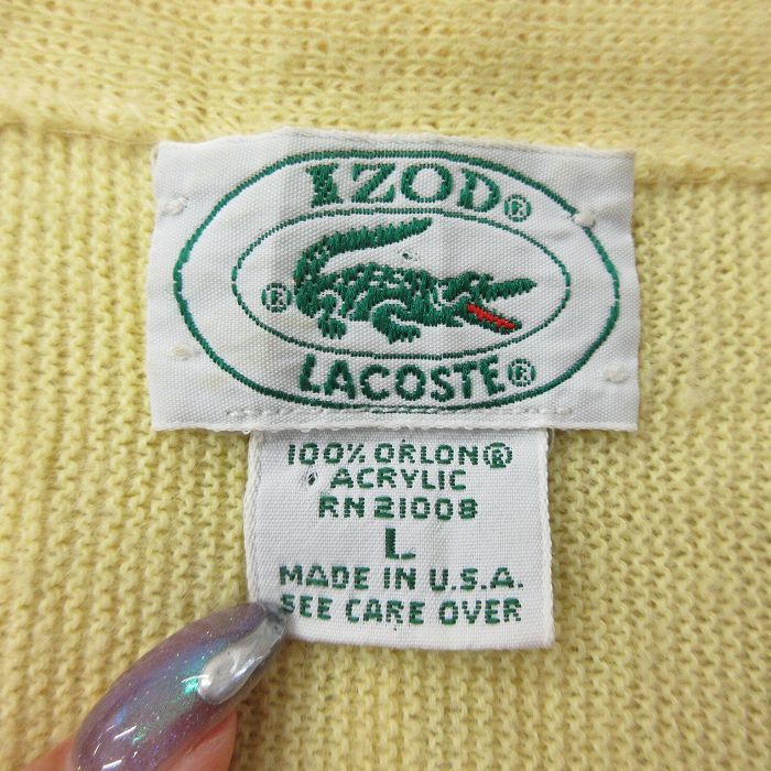 L/古着 ラコステ IZOD 長袖 ブランド ニット カーディガン メンズ 90s ワンポイントロゴ アクリル Vネック 黄 イエロー 23sep27 中古_画像3