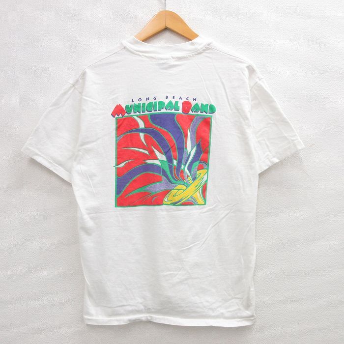 L/古着 ヘインズ 半袖 ビンテージ Tシャツ メンズ 90s ロングビーチ MUNICIPAL BAND コットン クルーネック 白 ホワイト 24mar13 中古_画像1