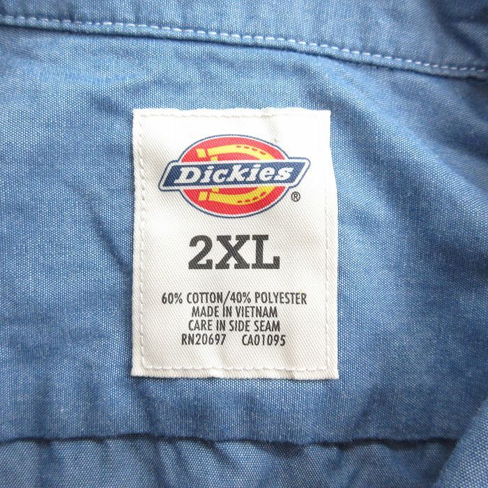 XL/古着 ディッキーズ Dickies 半袖 シャンブレー シャツ メンズ ワンポイントロゴ 大きいサイズ ロング丈 薄紺 ネイビー spe 24mar18 中古_画像4
