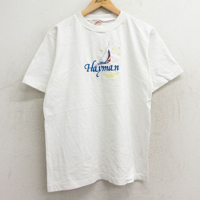 M/古着 半袖 ビンテージ Tシャツ メンズ 90s ヘイマン ヨット 刺繍 コットン クルーネック 白 ホワイト 24mar23 中古_画像1