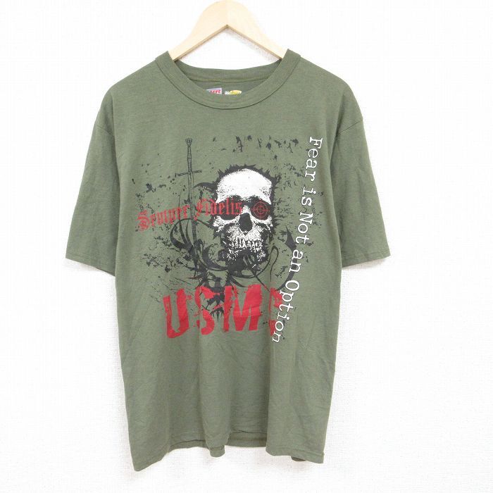 XL/古着 半袖 Tシャツ メンズ ミリタリー USMC アメリカ海兵隊 スカル クルーネック 緑 グリーン 24mar28 中古_画像1