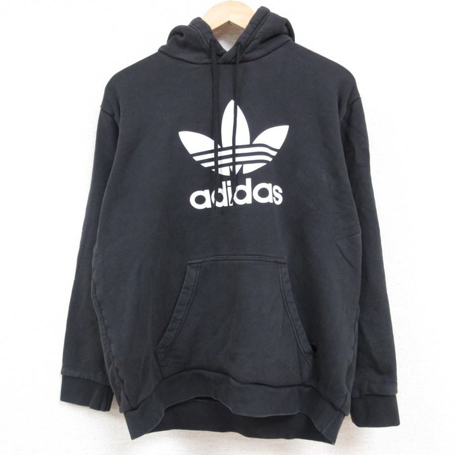 XL/古着 アディダス adidas 長袖 スウェット パーカー メンズ ビッグロゴ リーフトレフォイル 黒 ブラック 23nov06 中古 スエット トレ 3OF_画像1