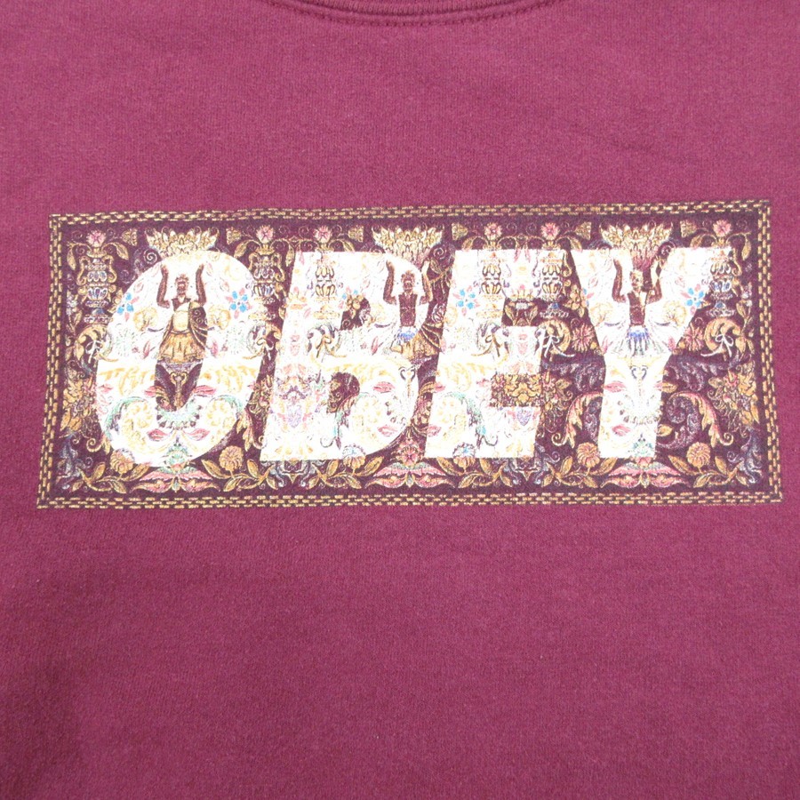 L/古着 オベイ OBEY 長袖 スウェット メンズ ビッグロゴ クルーネック エンジ 23nov02 中古 スエット トレーナー トップス 3OF_画像2