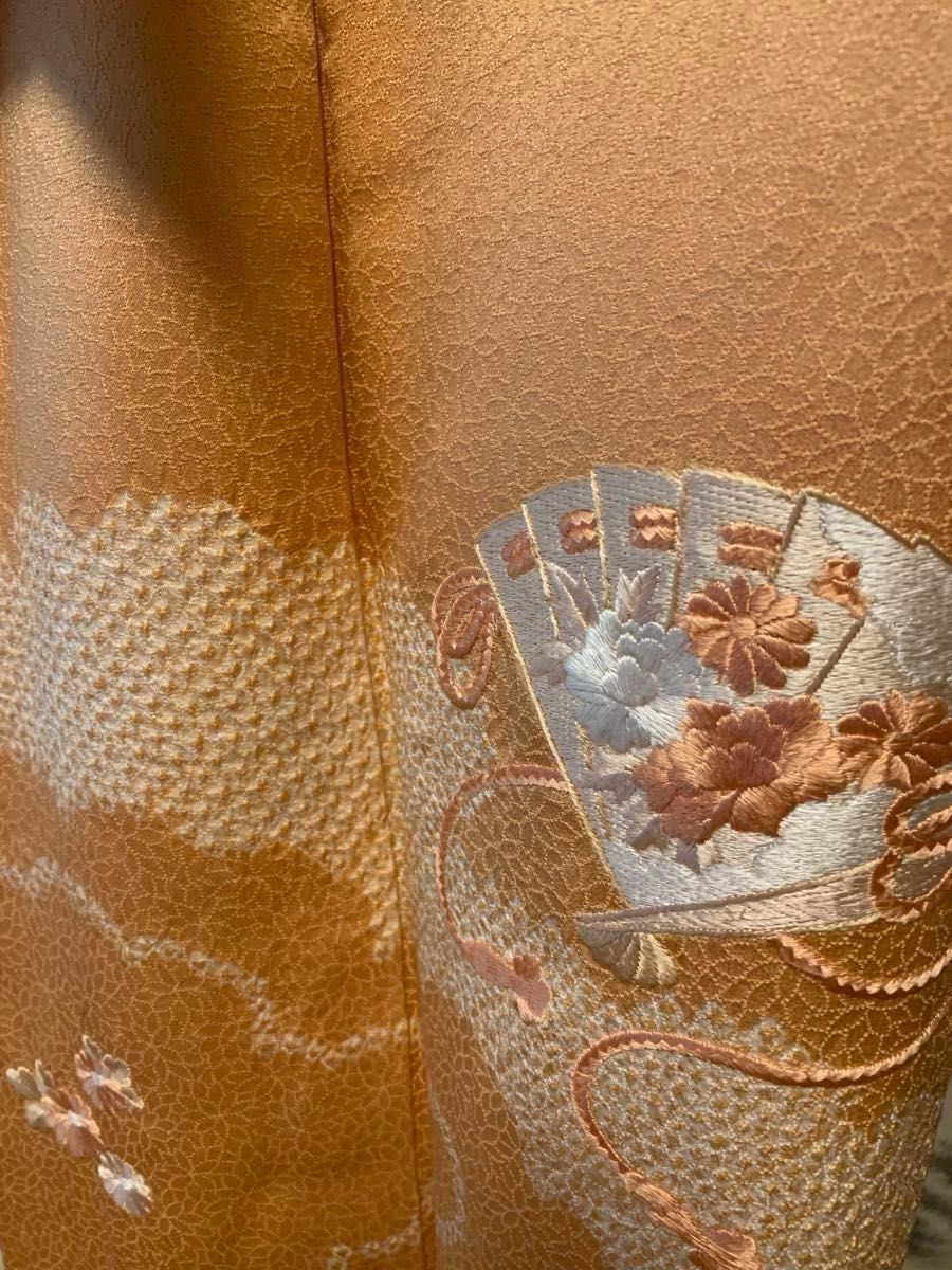 訪問着（正絹）刺繍と絞り 雲取檜扇花文・金糸 西武百貨店扱い身丈154cm K-278