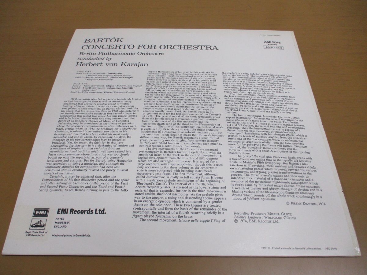 ▲01)【同梱不可】英 EMI/カラヤン/ベルリン・フィル/バルトーク「管弦楽のための協奏曲」/ASD3046/KARAJAN/BARTOK/LPレコード/UK盤/Aの画像6