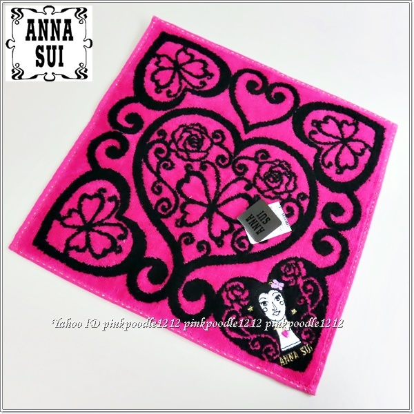 ◆ANNASUI アナスイ タオルハンカチ 未使用◆ドーリーガール アップリケ付き 薔薇×蝶◆黒×ピンク◆ の画像1