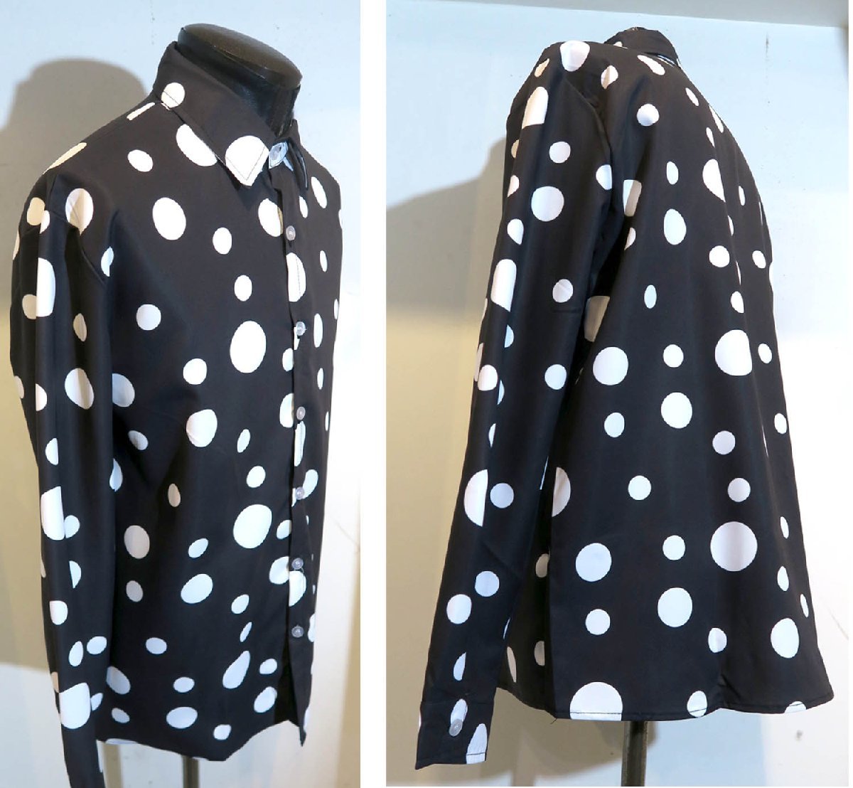 新品 XLサイズ ピエロの様な水玉シャツ ドット柄シャツ 1187 黒×白 ヴィジュアル系 柄シャツ 可愛いシャツ パンク ロック ヒップホップの画像7