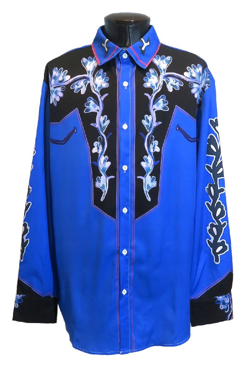 新品 Sサイズ ウエスタンシャツ 1468 青 ブルー オーバーサイズ 綺麗め 柄シャツ カウボーイ ロカビリー ロック モード ヴィジュアル系の画像1