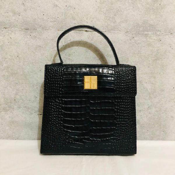 yt5030【60】//★美品　YVES SAINT LAURENT　イヴサンローラン　ヴィンテージ　カサンドラ　クロコダイル　レザー　ブラック　ハンドバッグ_画像1