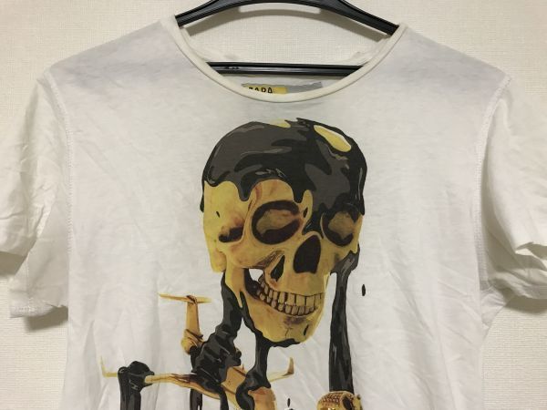 kb309■ ZARA　ザラ MTVコラボ ■ Tシャツ　半袖　トップス　スカル　骸骨　髑髏　プリント　白　ホワイト　S　訳あり_画像3