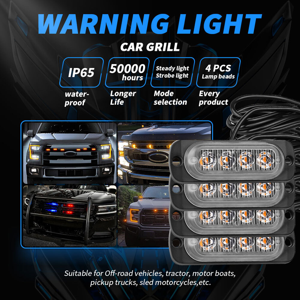 4連 LED ライト ハザード ストロボ カラー：ホワイト/アンバー フラッシュ 警告灯 パトロール ライトバー 緊急点滅 SUV 4個_画像2