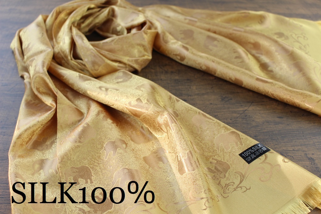 新品【シルク100% SILK】エレファント柄 象柄 ゴールド 金 GOLD 大判 ストール/スカーフ_画像1