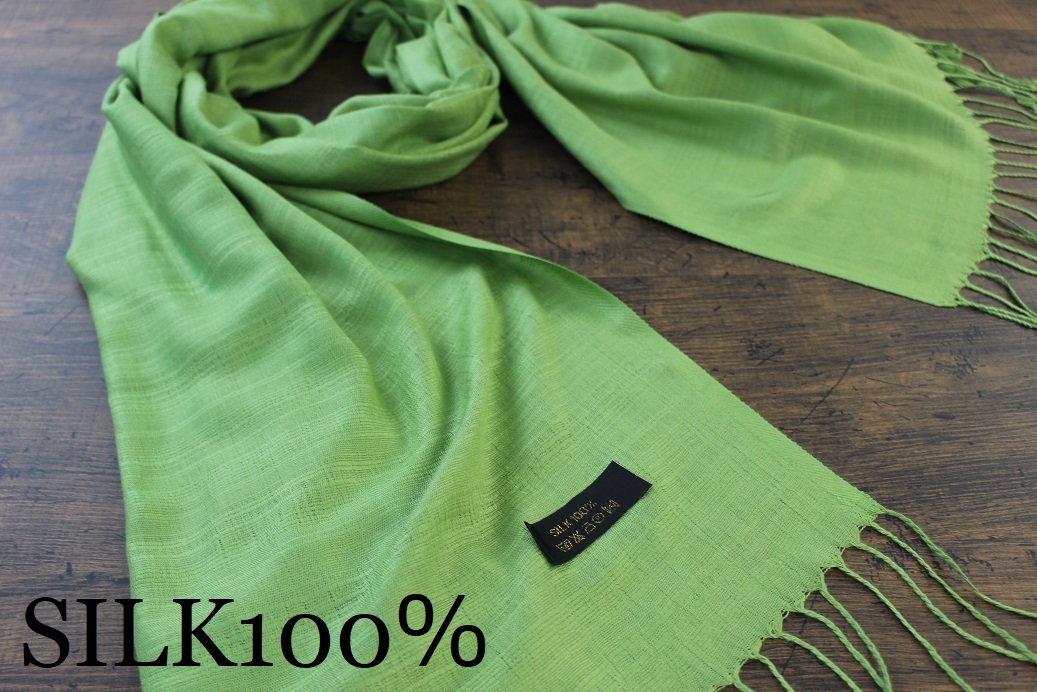 新品 春色【シルク100% SILK】無地 ライムグリーン LIME GREEN 緑 Plain 大判 ストール 訳あり_画像1