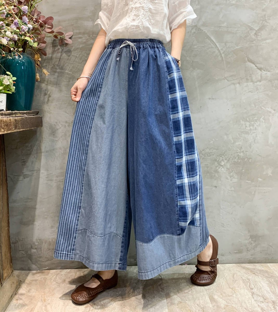 ~3L4L(5L) patchwork manner stripe & check wide Denim pants Q035