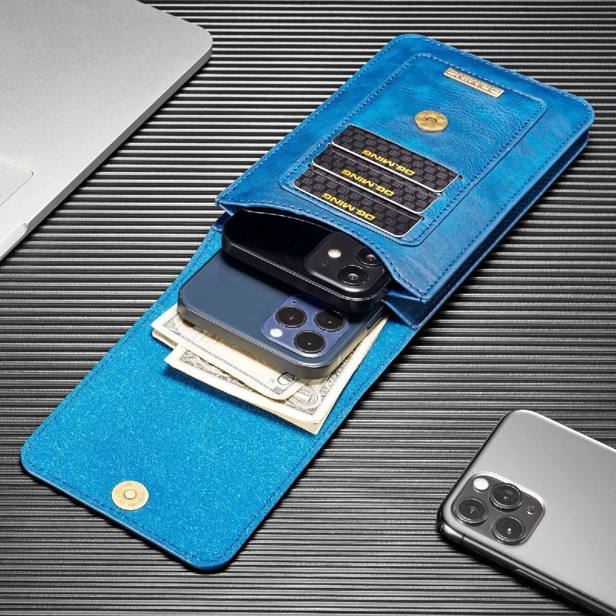 ベルトポーチ メンズ バッグ スマホポーチ 仕切り pu革 ミニバッグ カード大量収納 軽量 スマホポーチ L(6.5インチ) ブルー MAY1050_画像7