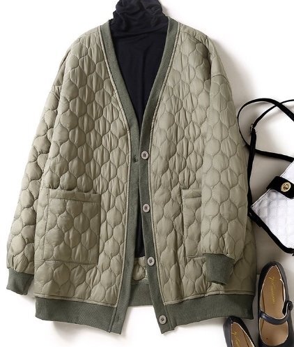 新作 レディース 中綿のコート軽く キルティング，カーディガン風アウタージャケットジャンバー 暖かくな グリーン mzm1053_画像1