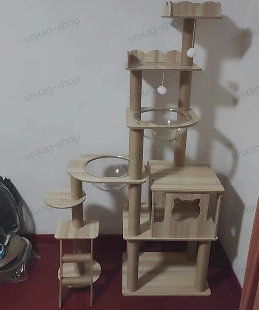 cat tower transparent space ship strong .. put wooden flax cord nail .. ball cat bed large many head .. wood grain .. put type cat tower height 135cm MAY816