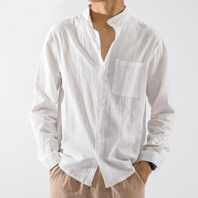 リネンシャツ メンズ シャツ 長袖 綿麻シャツ シンプル カジュアルシャツ 無地 欧米風 前開 秋新作 ホワイト XL_画像1