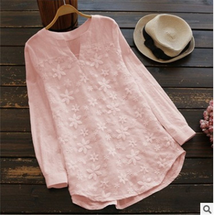  new goods autumn lady's embroidery race attaching switch easy large size long sleeve shirt blouse tunic selection /L size Q132