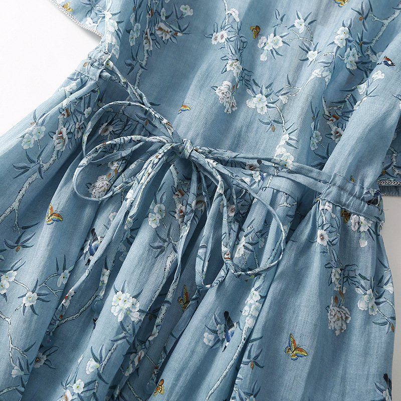 大人 上品 エレガントな花柄プリント綿麻ワンピース レディース ワンピース 50代 60代 ファッション ブルー 薄手 夏のお出かけに L Q020の画像4