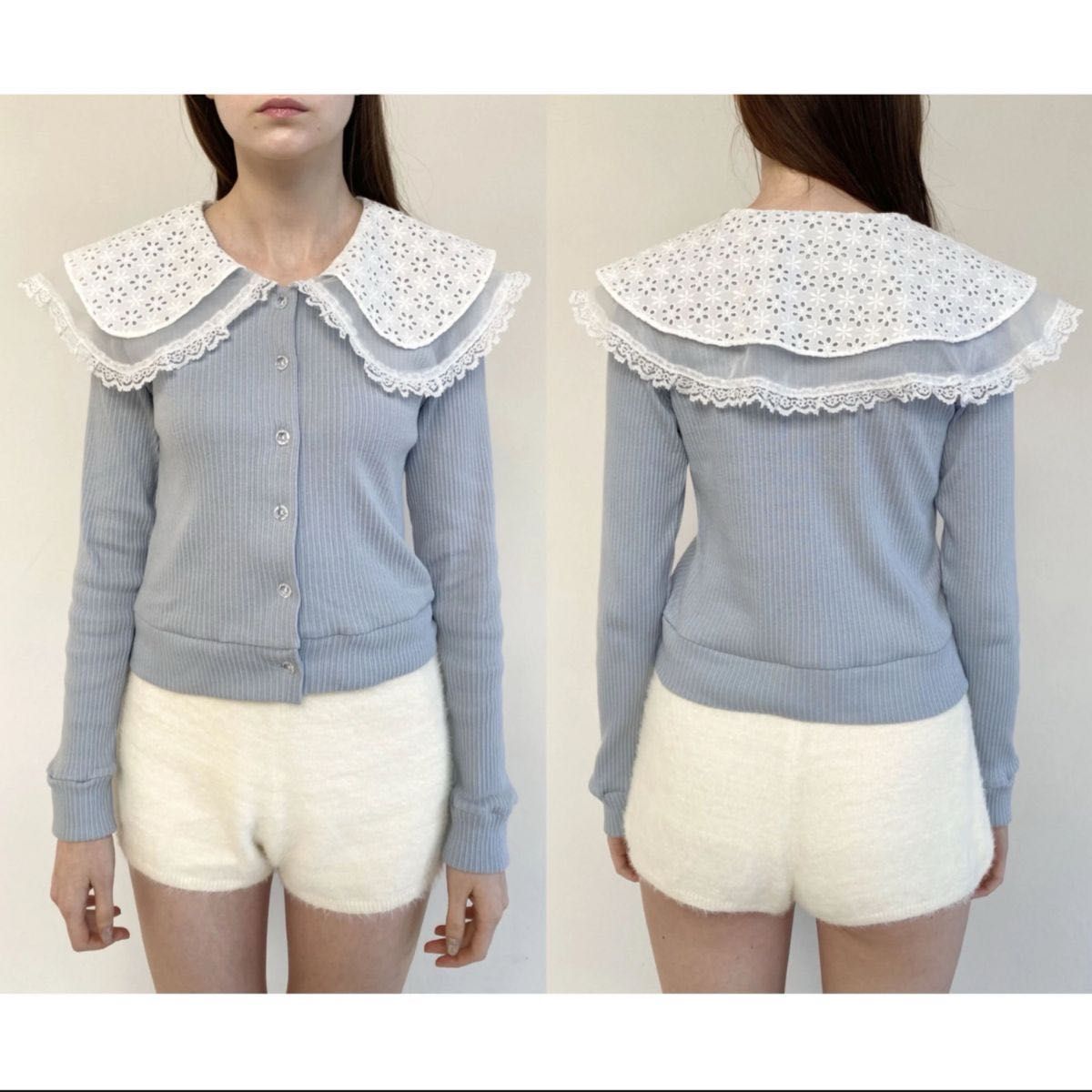 epine / see-through lace collar rib cardigan ice blue