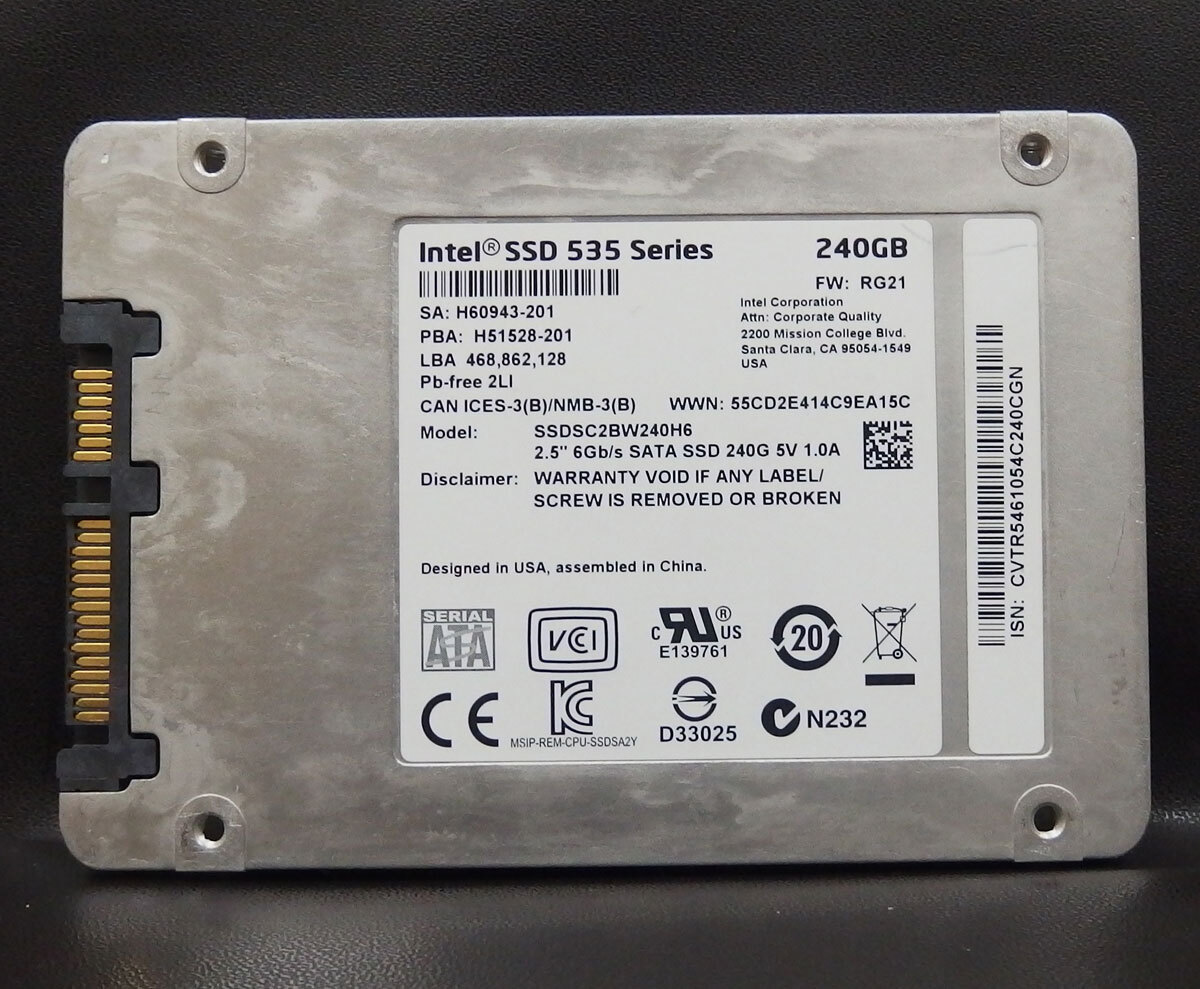 ssd76 INTEL SSDSC2BW240H6 240GB 2.5inch SSD 1254時間 535シリーズ 中古動作品_画像2