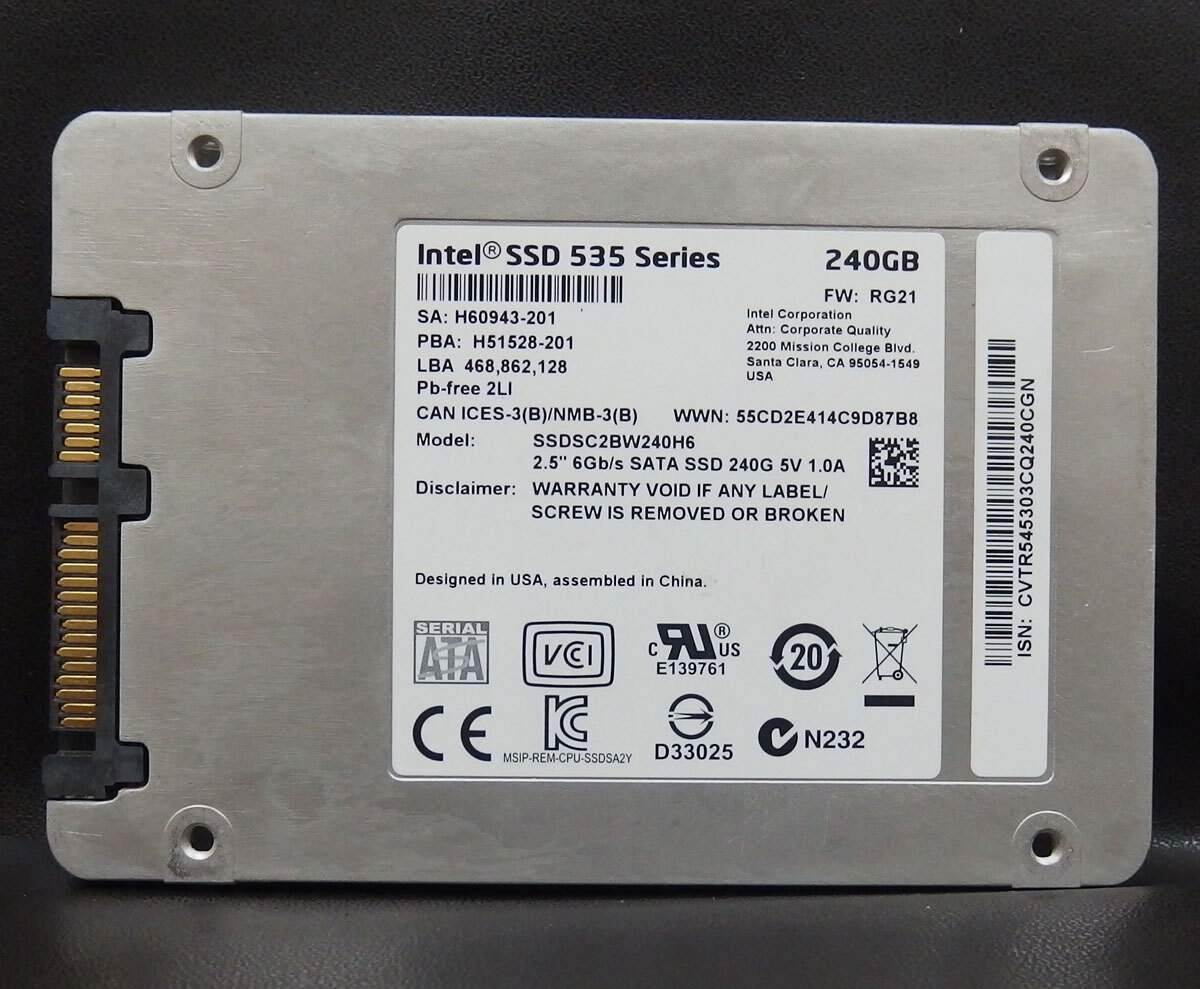 ssd82 INTEL SSDSC2BW240H6 240GB 2.5inch SSD 550時間 535シリーズ 中古動作品_画像2
