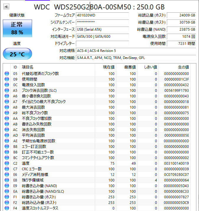 ssd88 WDC WDS250G2B0A-00SM50 250GB 2.5inch SSD 使用時間：7231時間 中古動作品_画像3