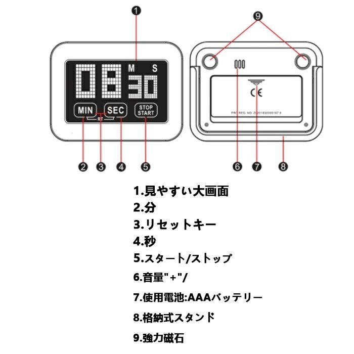 タッチパネルタイマー キッチンタイマー マグネット デジタルタイマー スピーカー おしゃれ かわいい 目覚まし時計 LCD 大画面_画像9