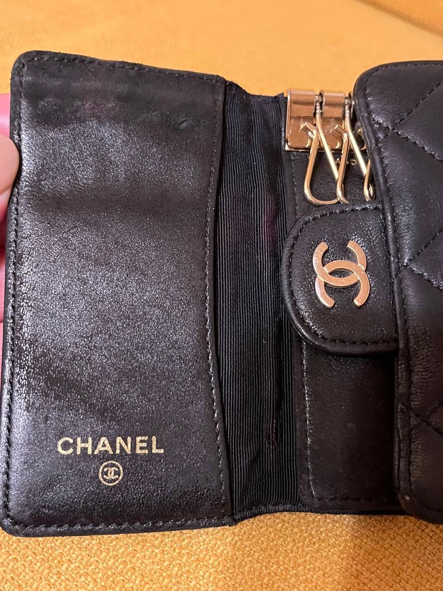 1円 CHANEL シャネル ココマーク マトラッセ ラムスキン ゴールド金具 6連 キーケース ブラック系 