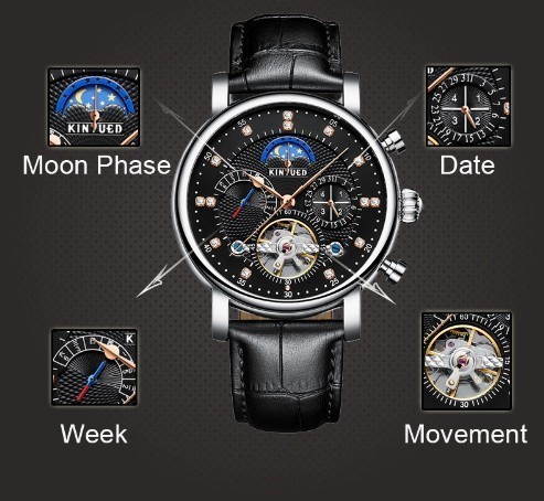 メンズ 紳士 腕時計 機械式 革 自動巻き 時計 腕時計 ムーンフェイズ ウィークマ カレンダー ビジネスの画像6