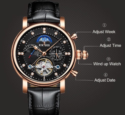 メンズ 紳士 腕時計 機械式 革 自動巻き 時計 腕時計 ムーンフェイズ ウィークマ カレンダー ビジネスの画像7