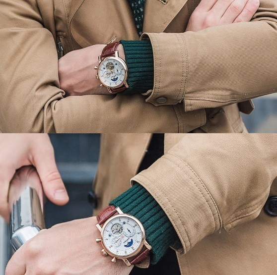 メンズ 紳士 腕時計 機械式 革 自動巻き 時計 腕時計 ムーンフェイズ ウィークマ カレンダー ビジネスの画像5