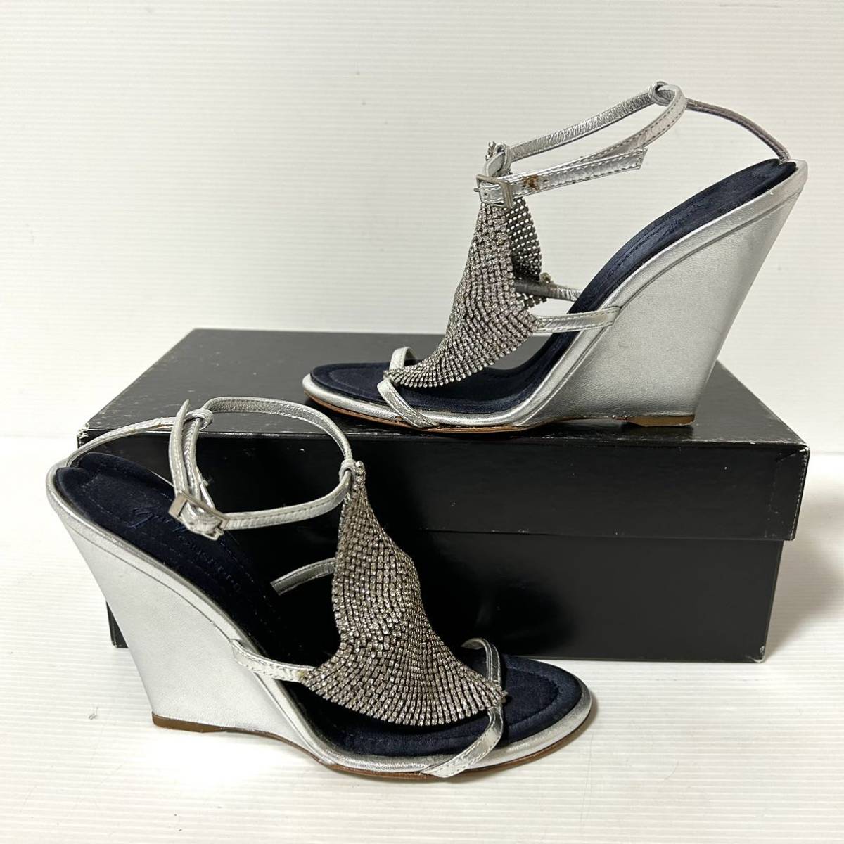 【美品/BOX付】GIUSEPPE ZANOTTI ジュゼッペ ザノッティ　ウェッジサンダル　メタリック　ヒール9.5cm 35 22.5cm シルバー　＊DG_画像7