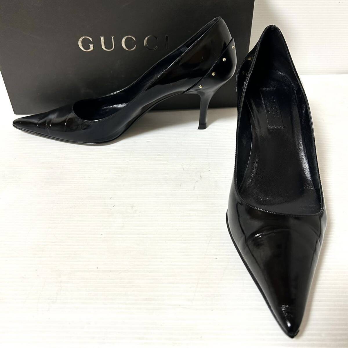 【美品/BOX付】GUCCI グッチ　エナメルパンプス　スタッズ　ヒール新品　381/2 24.5cm ブラック ＊DJ