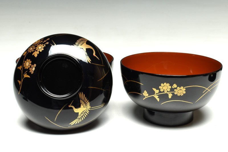 【蔵A2040b】寺井直次・大場松魚　監修　輪島塗　絵替蒔絵　四季の花鶴文　吸物椀　五客　共箱_画像6