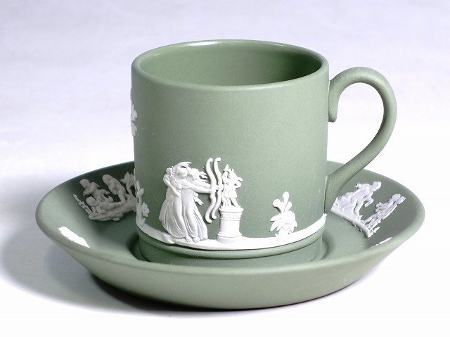 K03156【WEDGWOOD ウェッジウッド】ジャスパー セージグリーン デミタス カップ＆ソーサー 1客 碗皿 カップ内側コーティングバージョン_画像1